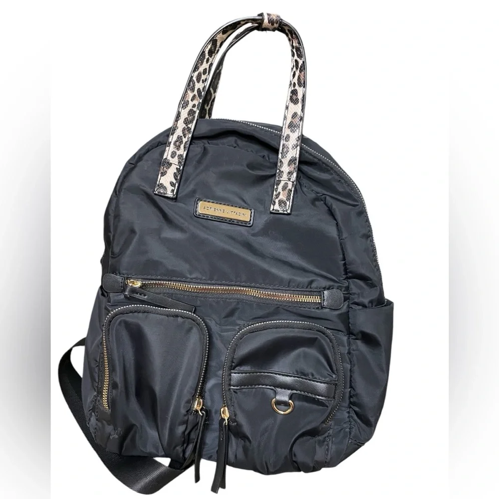Adrienne Vittadini Top Handle Black and Leopard Print Backpack